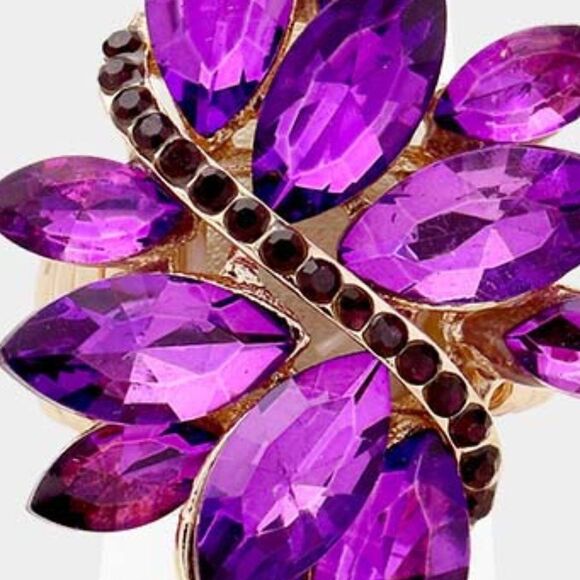 Marquise Purple Crystal Cluster Gold Stretch Ring - Picture 3 of 6
